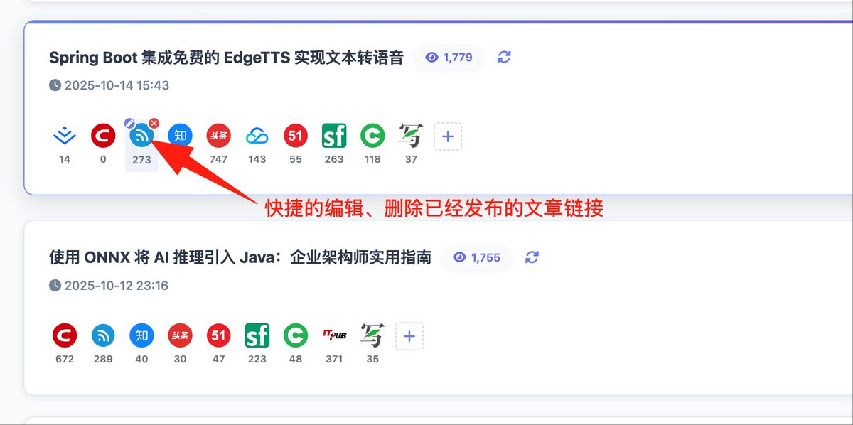 CoderDD's tweet image. Markdown文章分发工具 OpenWrite 本周做了一些更新和优化,
1. “我的文章”管理功能增强,现在支持:
- 手工添加发布结果链接,弥补有时候发布后没有采集到结果链接的问题
- 鼠标移动到扩散文章图标上,可以快捷编辑发布记录的链接或删除发布记录
2. 插件升级到 v2.1.16
-…