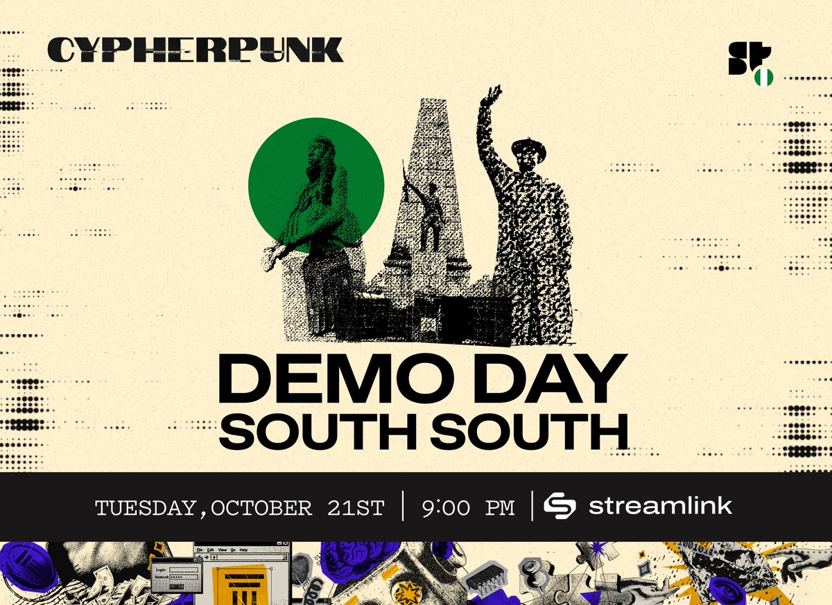 thejustinson's tweet image. Our @SuperteamNG South South @Colosseum Cypherpunk builders have been working hard, coding and polishing their pitch decks. Now they’re ready to show what they’ve built!
Join us on Tuesday, Oct 21st at 9PM to watch their live demos of amazing products.
Let’s show up and support…