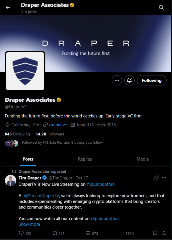 BlockZeero's tweet image. $DTV being rt'd by Draper Associates.
An early stage venture capital firm with $2 billion in assets under management.
These guys are visionaries and front running the new dawn of content consumption.
Sitting at 8mcap - A generational repricing event is inevitable.