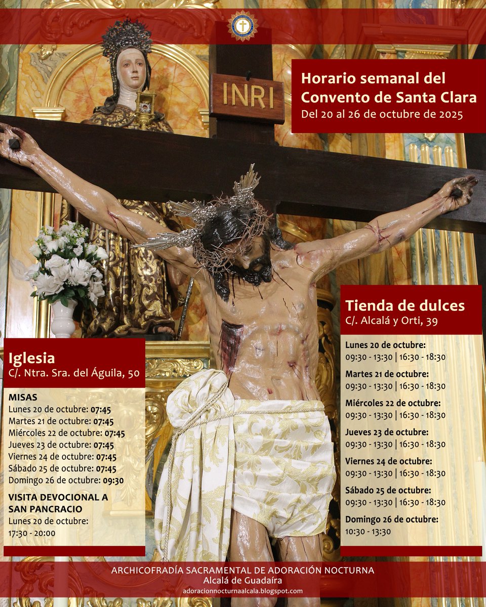 Anunciamos el horario semanal del Convento de Santa Clara.

Asimismo, os animamos a leer la Palabra del Señor para el día de hoy, Domingo XXIX del Tiempo Ordinario (ciclo C).

instagram.com/p/DP_MADrDGQV/…

Santísimo Cristo de la Vera Cruz,
ten piedad de nosotros.