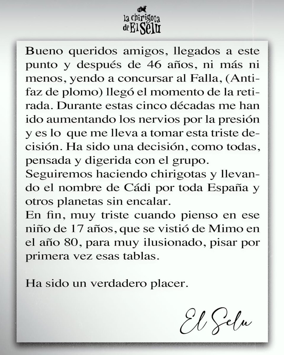 Ha llegado el día y la hora indicada ...
el Selu anuncia su retirada
#GraciasSelu

Gracias <a href="/elseludecadi/">El Selu</a>  por tu arte de contar la vida ...