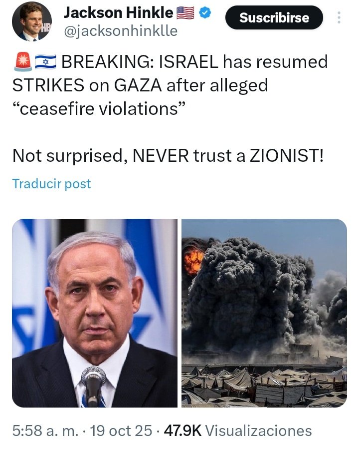 monje_enigma's tweet image. ÚLTIMA HORA: #Israel ha reanudado sus ataques contra #Gaza tras presuntas "violaciones del alto el fuego"

¡No me sorprende, #NUNCA confíes en un #SIONISTA!🩸