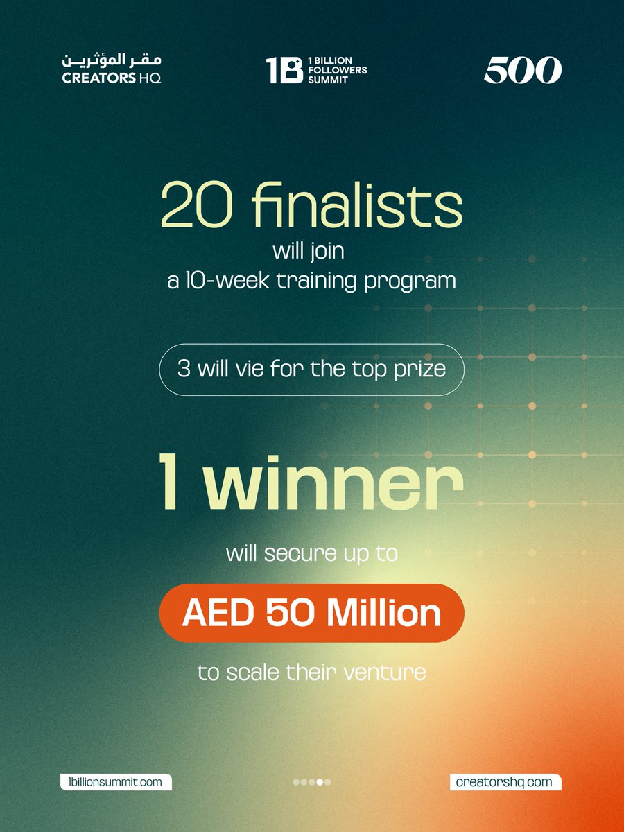 They started with ideas.
Now they’re competing for AED 50 million.
This is the Creators Ventures Accelerator, the launchpad for the next generation of creator-led companies.

The winner will be announced live at the 1 Billion Followers Summit 2026 in Dubai.
📅 January 9–11
📍