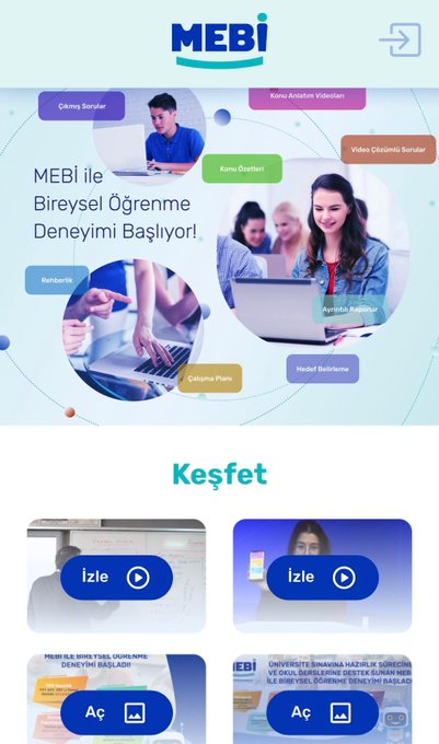 First image shows MEBI app interface with personalized learning features including individual learning experience discovery buttons for starting and exploring with icons of students using laptops and abstract educational graphics in blue and orange tones. Second image displays LGS preparation section with purple and orange panels for exam preparation written exams and reports with robot icon and Kanal button. Third image features exam preparation screen for girls with yellow red and blue sections for exams written preparation and exams under Dineme Tarama with 2025 Ministry of National Education copyright and Kanal button. Fourth image lists sample written exams including Din 1 Yazılı Din 2 Yazılı and others for subjects like Smf Arapça Din Kültürü Bilgisi Smf Kültürü Vah and Smf İngilizce Din 1 Yazılı with PDF download icons and Sınav buttons.