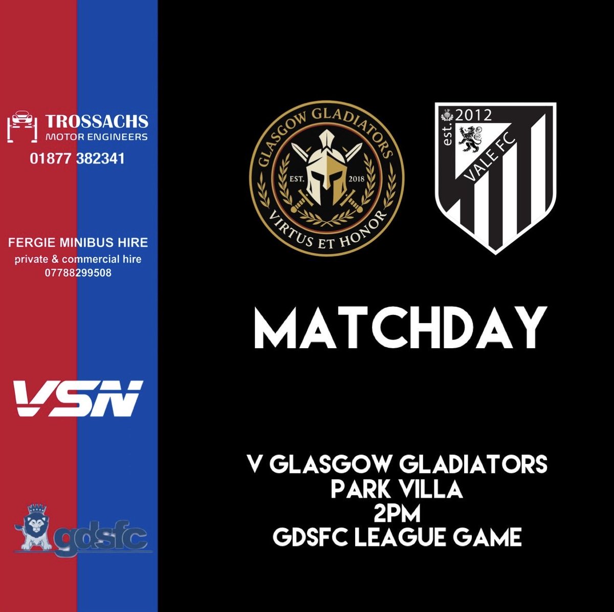 Matchday. 

🏆 GDSFC League game     
🆚 Glasgow Gladiators                                      
📅 19th October    
📍 Park Villa
⌚️ 2pm KO 

🔵🔴