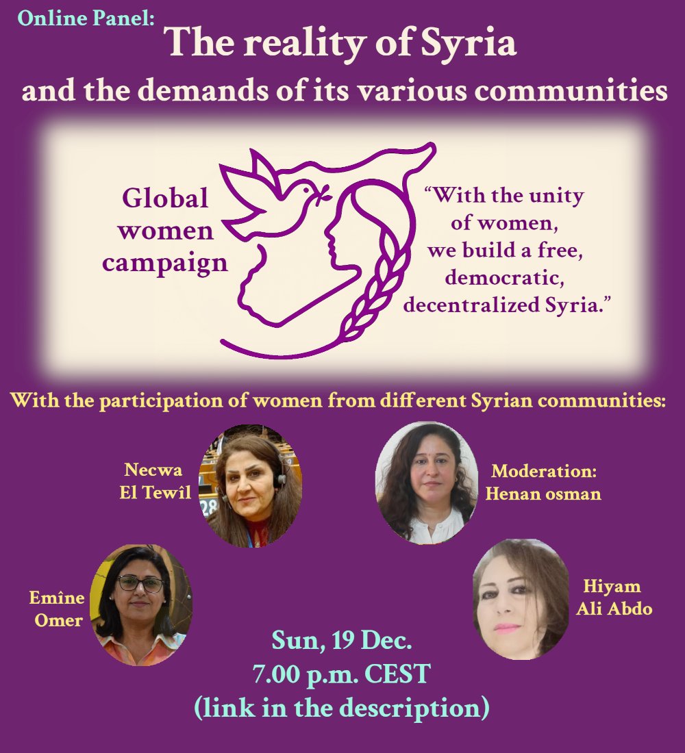 YPJ_Info's tweet image. TODAY 19 CEST:
Online panel about the current situation in Syria and the demands of women of different communities in Syria.
us02web.zoom.us/meeting/regist…