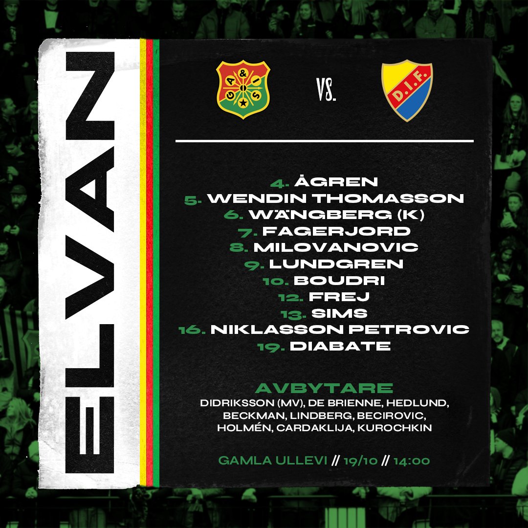 Elvan mot Djurgården!

Sims -
Wängberg, Ågren, Frej, Wendin Thomasson -
Milovanovic, Fagerjord, Boudri -
Lundgren, Diabate, Niklasson Petrovic