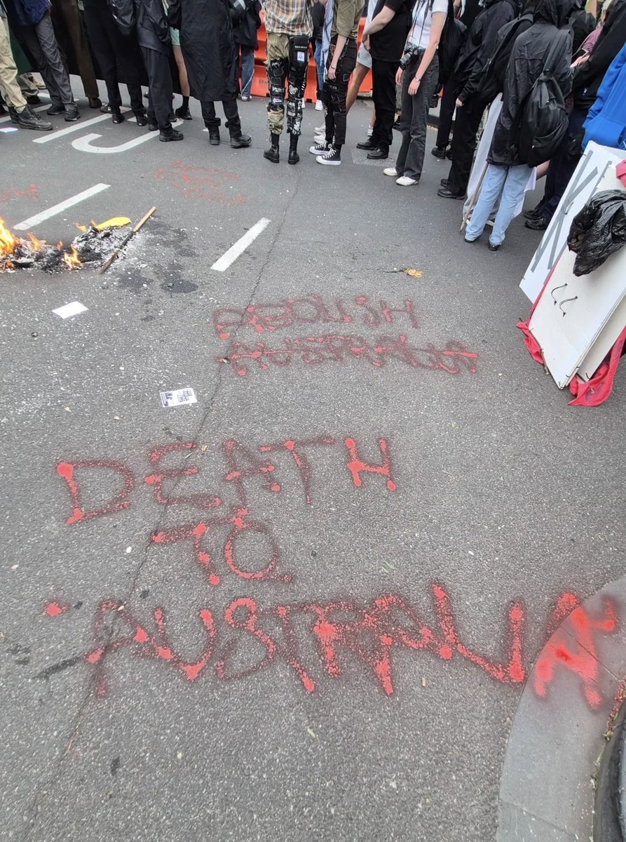 DrewPavlou's tweet photo. Leftists burned the Australia flag and spray painted “ABOLISH AUSTRALIA” and “DEATH TO AUSTRALIA” slogans at their pro-immigration rally in Melbourne today.

So this is the “pro-migration” side. Explicit calls to destroy the nation and kill us all. 

Cool. Thanks for clearing that up for us guys.
