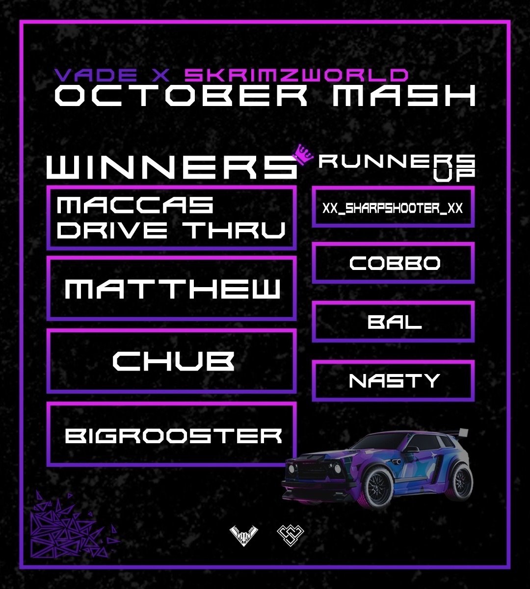 Great job to the winners of the VADE X SW OCT MASH!!
 <a href="/ChubRL/">Chub</a>  
 <a href="/MatthewRL9/">Matthew</a> 
 <a href="/Bigrooster_rl/">Bigrooster</a>  
An amazing thanks to <a href="/skrimzworld/">SKRIMZWORLD</a> for holding it
And lastly a huge thanks to the casters
<a href="/MonyOCE_/">Mony</a> <a href="/formalcasting/">max vonneumann</a>