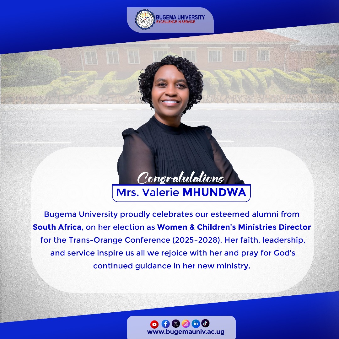 We proudly celebrate our esteemed alumni, Mrs Valerie, from
South Africa, on her election as Women &amp; Children's Ministries Director
for the Trans-Orange Conference (2025-2028). 
Her faith, leadership,
and service inspire us all. we rejoice with her and pray for God's
continued