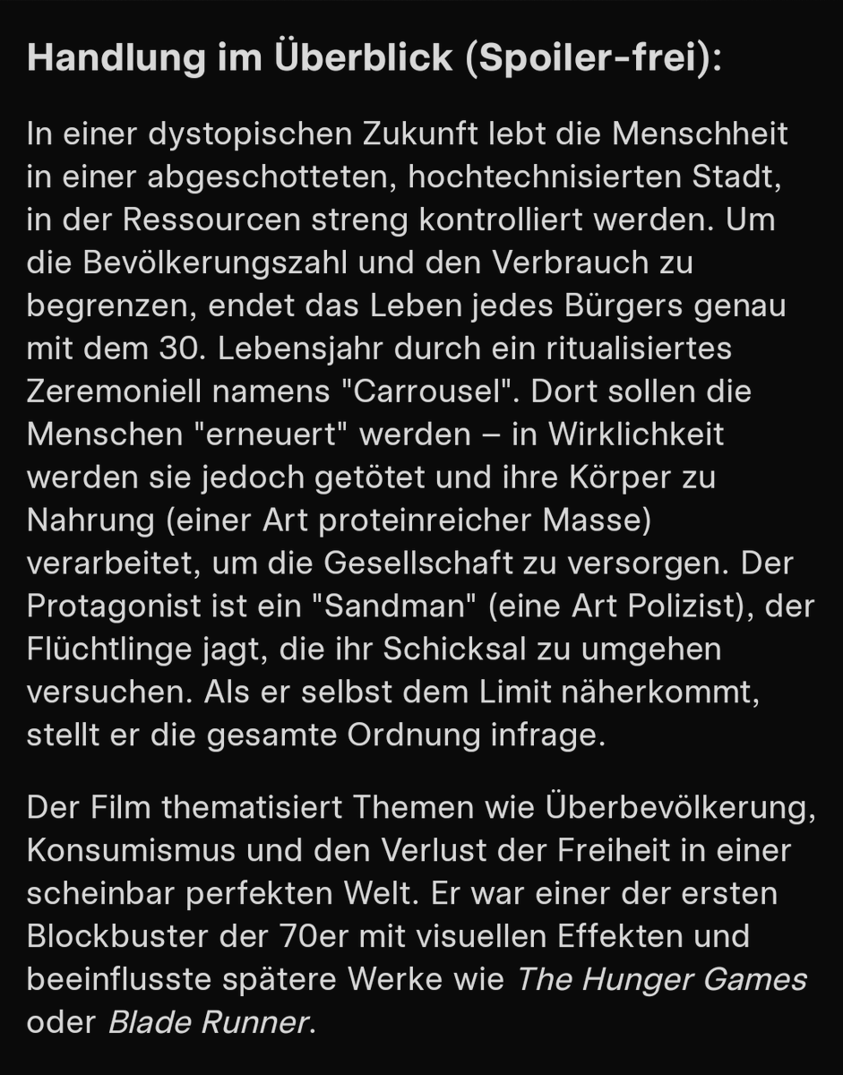 Drastisch formuliert könnte man doch gleich den Film Logan's Run (1976) als Vorbild nehmen, wo Menschen maximal nur 30 Jahre alt werden "dürfen"!

#Einzelzimmer #Senioren #Dystopie