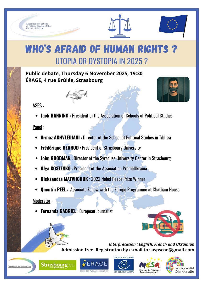 NetworkForDemoc's tweet photo. WHO’S AFRAID OF HUMAN RIGHTS ? : THURSDAY 6 NOVEMBER, 19:30, 4 RUE BRÛLÉE, STRASBOURG.

Register by e-mail to aspscoe@gmail.com to attend the public debate organised by the Association of Schools of Political Studies of the Council of Europe.

Admission free. https://t.co/23HsnL6ZX0