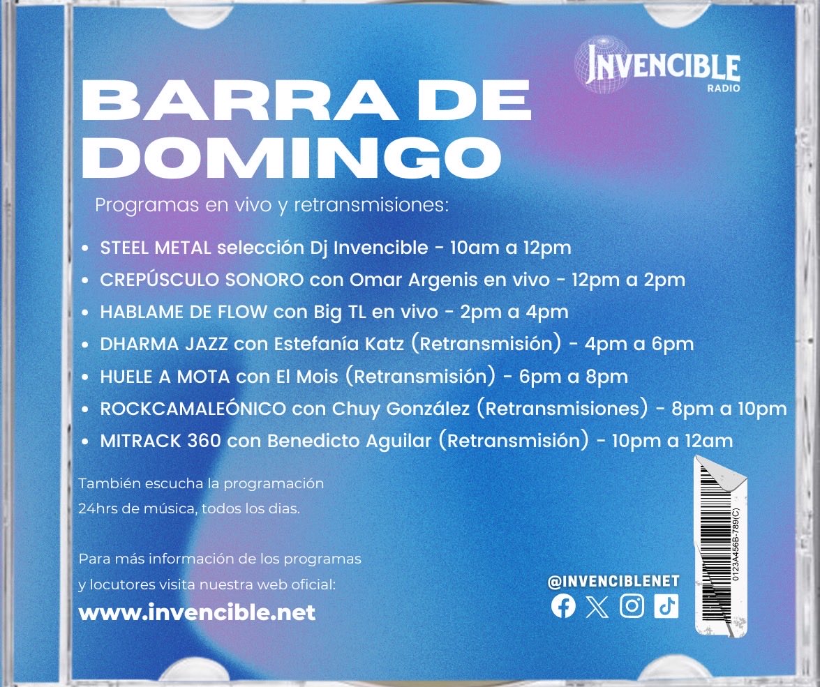 Domingo en #invencibleradio 🎧⚡️
Escucha los programas en vivo, la selección musical y retransmisiones 🌐invencible.net 

Sonamos por TuneIn - MyTuner - Simple Radio - Online Radio Box - Alexa - Sonos

#radioonline #radioenespañol #radiopublica #juntossomosinvencibles