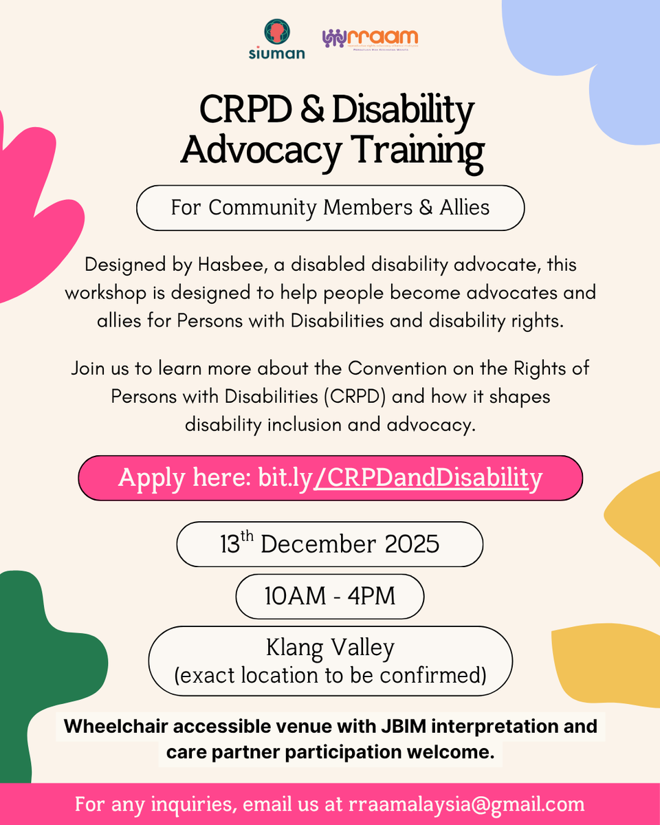 KamiSIUMAN's tweet photo. Hello! In case you missed the last one, we are running another disability advocacy workshop.

@KamiSIUMAN x @RRAAMalaysia Disability Advocacy training:

-13 Dec (Saturday), 10am - 4pm
- Klang Valley (venue TBA).
- There is a RM50 participation fee (after confirmation).

1/n https://t.co/t3irZmpts9