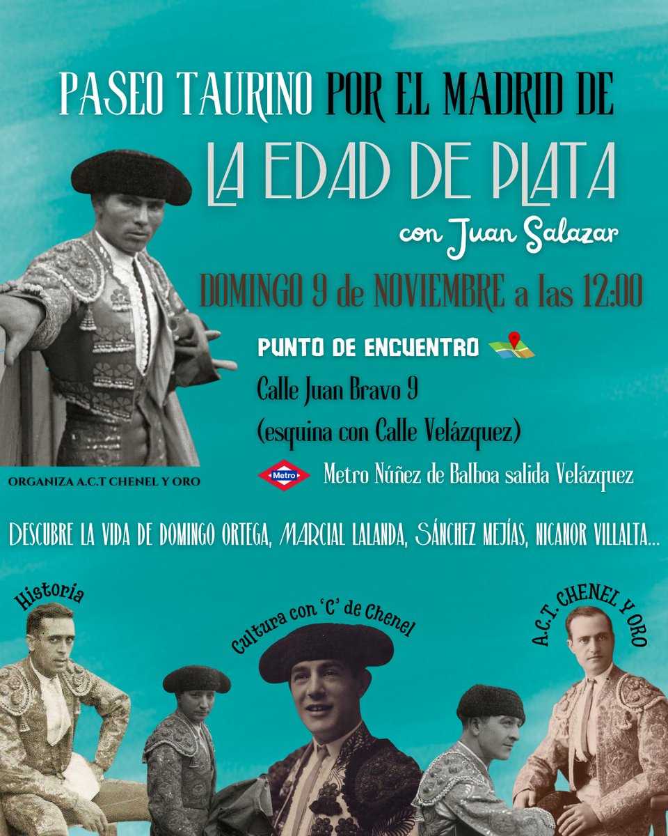 PASEO TAURINO POR EL MADRID DE LA EDAD DE PLATA

ᴅɪʀɪɢɪᴅᴏ ᴘᴏʀ ᴇʟ ᴇꜱᴄʀɪᴛᴏʀ ᴊᴜᴀɴ ꜱᴀʟᴀᴢᴀʀ

CULTURA CON 'C' de CHENEL 💜💛

El próximo domingo 9 de noviembre a las 12:00.

¡Te esperamos! ✨