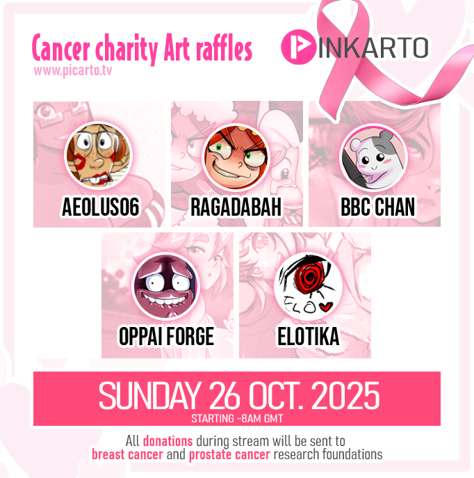 CANCER CHARITY ART STREAM Sunday 26th Oct over at picarto.tv - Sketch #Raffles for everyone - with artists @warren_aeolus <a href="/Ragadabah/">Ragadabah (comms open)</a> <a href="/BBCChanArt/">BBC Chan🍥</a>  <a href="/OppaiForge/">🔞ppaiForge (Commissions open!)</a> <a href="/elotika_art/">🔞 🎨 ELOTIKA ☠️ELOLAND DICTATOR</a> 
ALL donations will go to Breast and Prostate Cancer Research.
#pinkoctober #pinktober #pinkarto