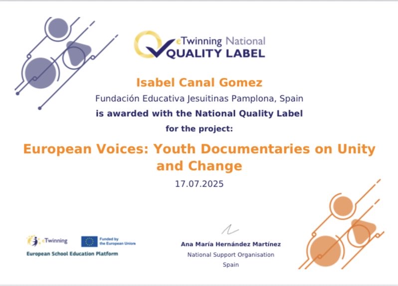 Sello de Calidad Nacional por nuestro proyecto “European Voices”.Un reconocimiento al gran trabajo realizado por el alumnado de 4ºESOB y 2ºESO del Taller de Investigación de <a href="/JesuitinasPna/">Jesuitinas Pamplona</a>, junto a estudiantes de Italia,Turquía y Madrid.<a href="/IsabelMuruzabal/">Isabel Muruzabal</a>
<a href="/jesuitinas/">Fundación Educativa Jesuitinas</a> <a href="/soniarugar/">Sonia Ruiz</a>