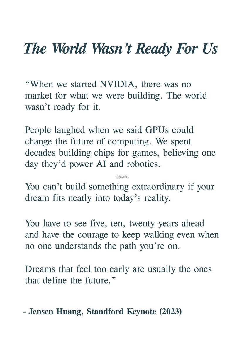 jaynitx's tweet image. Jensen Huang explained why the world laughs at pioneers before calling them geniuses: