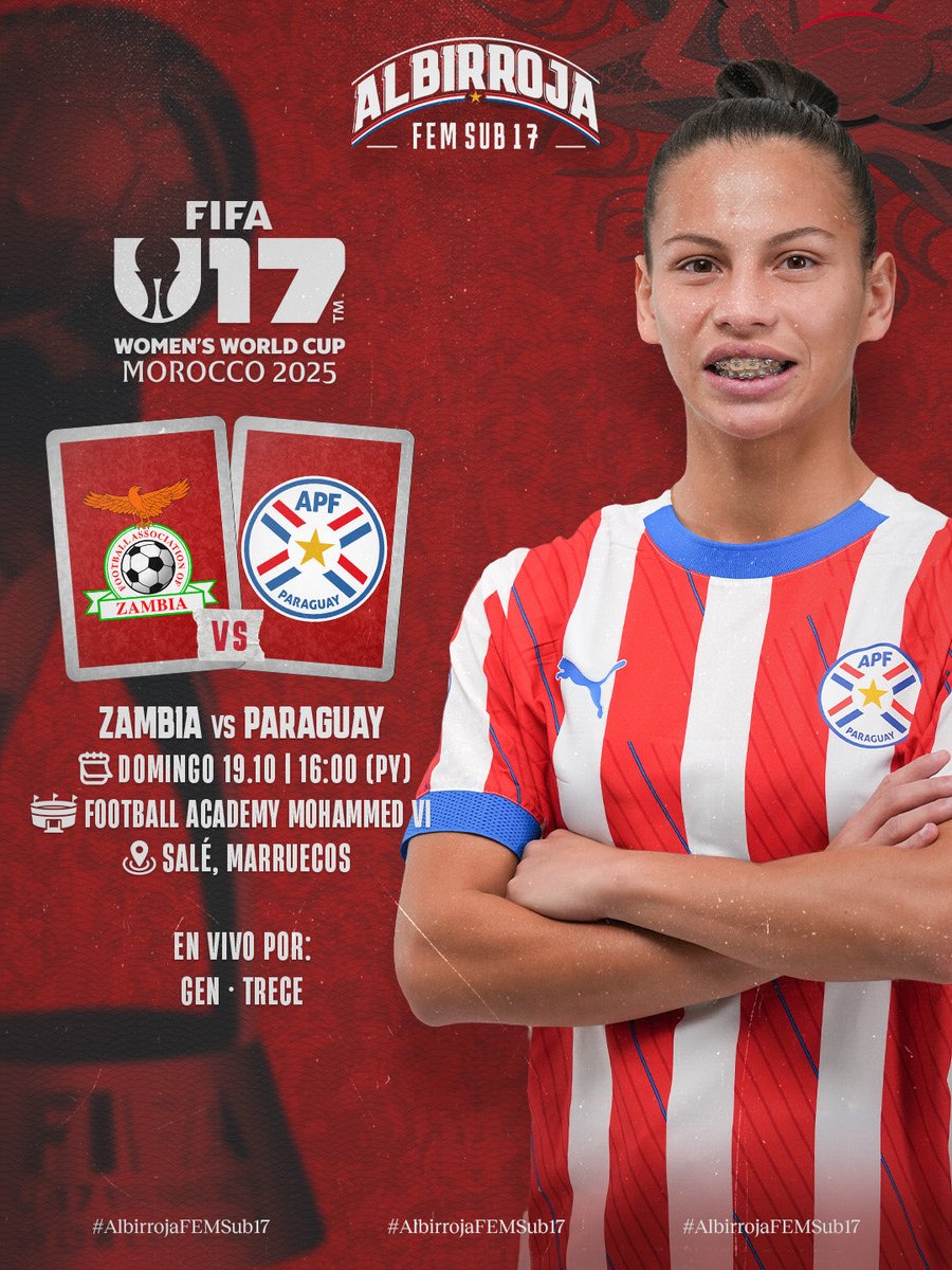 Albirroja's tweet image. ¡Llegó el día del debut!
¡Vamos la #AlbirrojaFEMSub17 ⚪🔴!
🆚 🇿🇲
🏆 #FIFAWWC Sub 17 - Grupo F
🏟️ Football Academy Mohammed VI
🕓 16:00 h
📺 @SomosGEN | @trecepy
📰 lnk.ec/Agbr1B
#VamosParaguay 🇵🇾