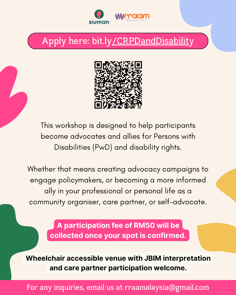 Hello! In case you missed the last one, we are running another disability advocacy workshop.

<a href="/KamiSIUMAN/">SIUMAN ♿🧠 | No Justice Without Access to Justice</a> x <a href="/RRAAMalaysia/">RRAAM Malaysia</a> Disability Advocacy training:

-13 Dec (Saturday), 10am - 4pm
- Klang Valley (venue TBA).
- There is a RM50 participation fee (after confirmation).

1/n