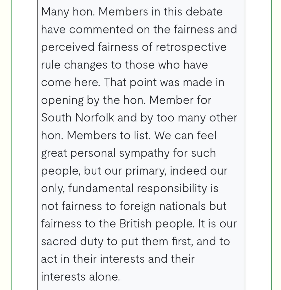 She accepts retrospective changes seem "unfair" so would have "great personal sympathy"

In principle, she believes the UK state should not treat past promises made to foreigners as binding. (It has a "sacred duty" to reserve considerations of fairness to British people "alone")