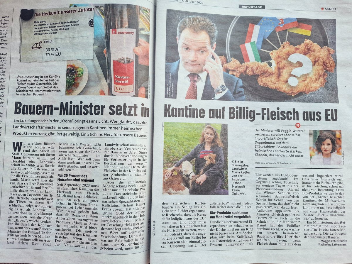 OE_Markus (@oe_markus) on Twitter photo ‼️ In der Kantine des Landwirtschaftsminister stammen nur 30% des Fleisches aus Österreich. Selbst das Kürbiskernöl ist nicht (!) aus Österreich!
So ist sie die #OEVP. Doppelmoral, soweit das Auge reicht. Hauptsache sie kritisiert den Österreich-Korb der #FPOE. #Kickl #Totschnig ‼️ In der Kantine des Landwirtschaftsminister stammen nur 30% des Fleisches aus Österreich. Selbst das Kürbiskernöl ist nicht (!) aus Österreich!
So ist sie die #OEVP. Doppelmoral, soweit das Auge reicht. Hauptsache sie kritisiert den Österreich-Korb der #FPOE. #Kickl #Totschnig