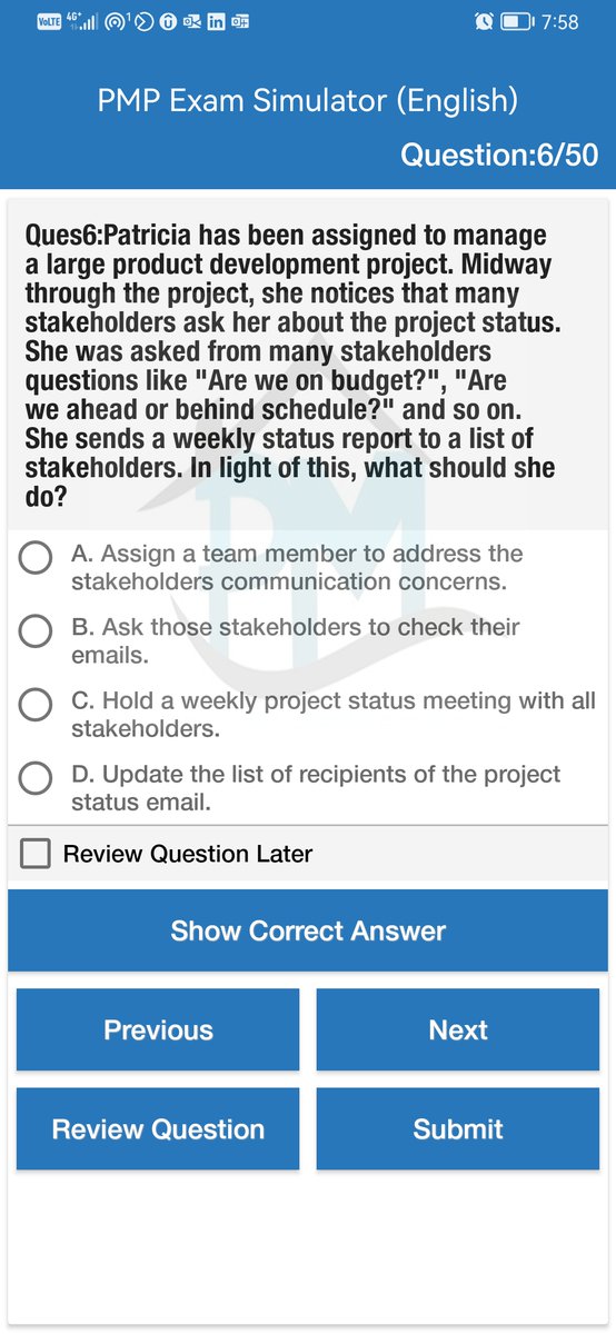 ProjMngmtHouse's tweet image. Question Source PMP Exam Simulator
5 mock exams
Quizzes on all domains
Reference for each question
Updated to latest ECO
Available for instructors with discount
Available on web, Android &amp;amp;iPhones
English bit.ly/3vKRfSX
English-Arabic bit.ly/3vZPu4m
#PMBOK7 #PMP