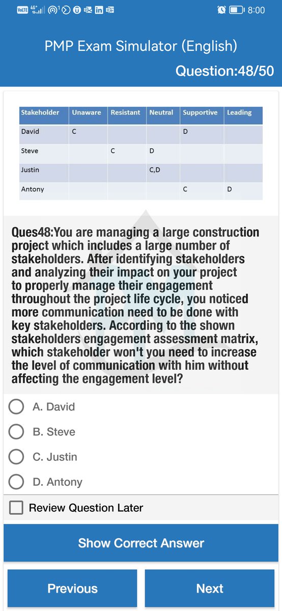ProjMngmtHouse's tweet image. Question Source PMP Exam Simulator
5 mock exams
Quizzes on all domains
Reference for each question
Updated to latest ECO
Available for instructors with discount
Available on web, Android &amp;amp;iPhones
English bit.ly/3vKRfSX
English-Arabic bit.ly/3vZPu4m
#PMBOK7 #PMP