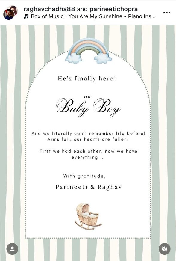 Actor Parineeti Chopra and AAP MP Raghav Chadha blessed with a baby boy.