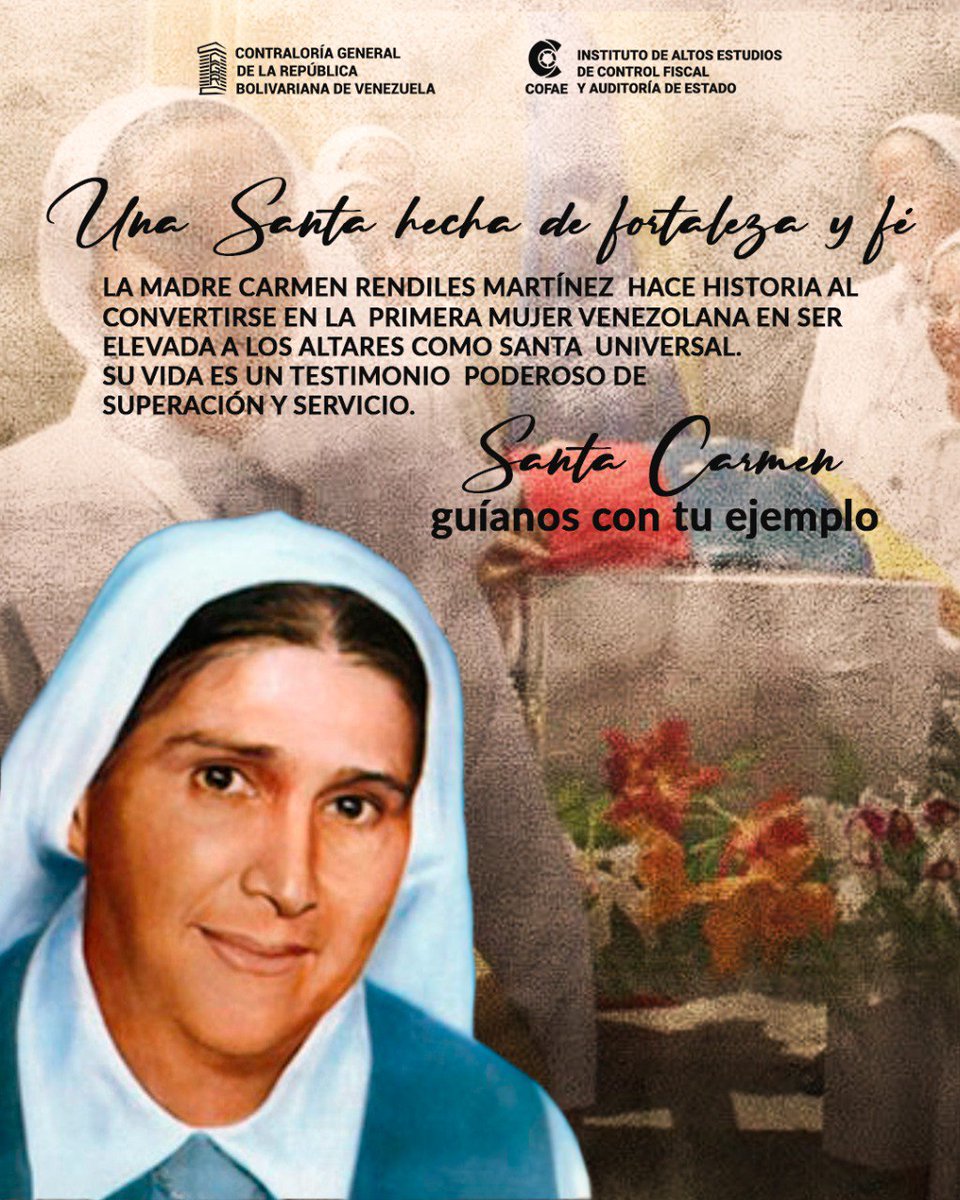 ⛪️La Madre Carmen Rendiles se convierte en la PRIMERA mujer venezolana en ser canonizada.

Un ejemplo de superación y servicio. Una santa para #Venezuela.

#MadreCarmen #PrimeraSanta #MujeresDeFe