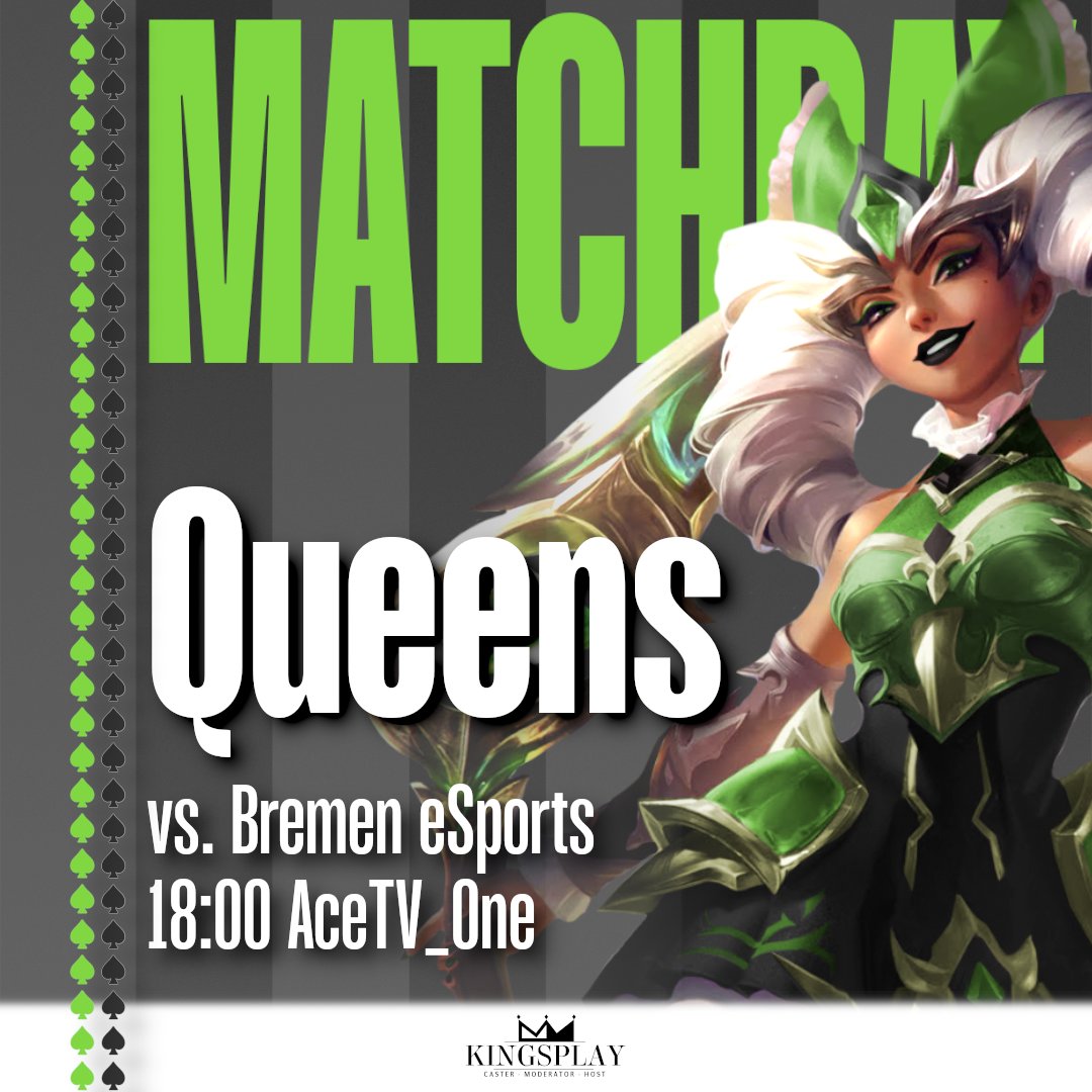 🎉MATCHDAY🎉

Heute um 18Uhr treffen die Queens auf <a href="/bremen_esports/">Bremen eSports e.V.</a>.

Können die Queens ihre Tabellenführung verteidigen oder geben sie <a href="/Whalepower_LoL/">Whalepower</a> die Möglichkeit aufzuholen?

Das könnt ihr zusammen mit <a href="/F4bst3r/">F4bst3r🏳️‍🌈</a> und <a href="/FishyCasts/">CastFishman</a> auf <a href="/AceTV_One/">Twitch.tv/AceTV_One</a> herausfinden!

RT = 💚