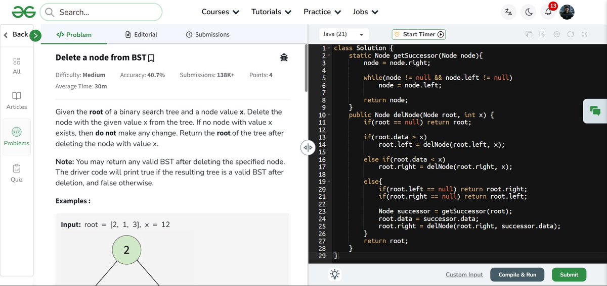 amanhaidry's tweet image. ๐๏ธDay 88/100
#100DaysOfCode with @GeeksforGeeks ๐
#binarysearchtree in #DSA
โ
Deletion in BST
โ
Fixing Two Nodes of BST
โ
Find Sum Pairs Across Two BSTs
๐Course Link: geeksforgeeks.org/nation-skill-uโฆ
#skillupwithgfg #nationskillup #100DaysOfDSA #geeksforgeeks #gfg #100DaysOfcoding