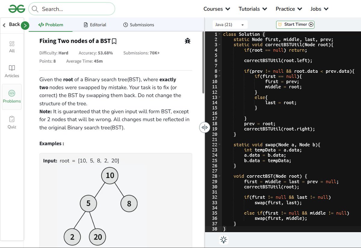 amanhaidry's tweet image. ๐๏ธDay 88/100
#100DaysOfCode with @GeeksforGeeks ๐
#binarysearchtree in #DSA
โ
Deletion in BST
โ
Fixing Two Nodes of BST
โ
Find Sum Pairs Across Two BSTs
๐Course Link: geeksforgeeks.org/nation-skill-uโฆ
#skillupwithgfg #nationskillup #100DaysOfDSA #geeksforgeeks #gfg #100DaysOfcoding