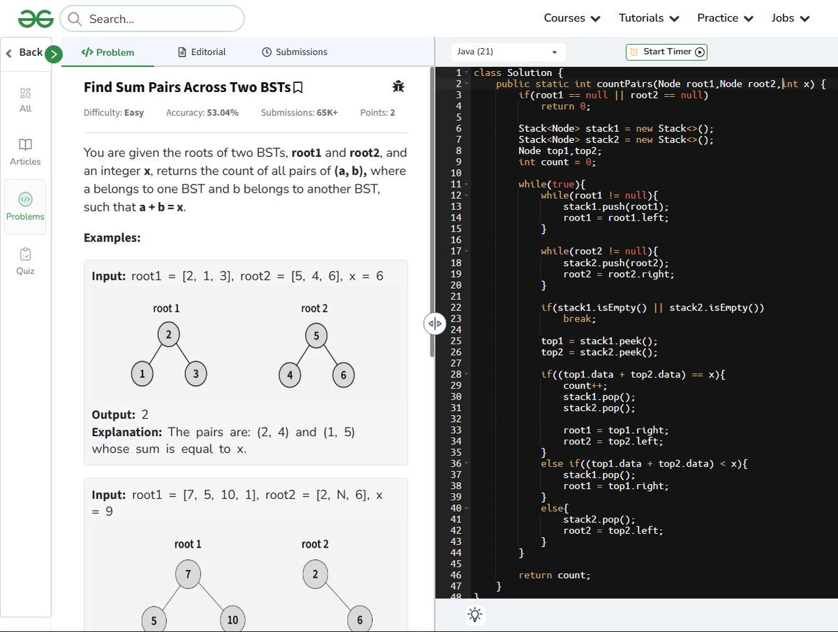 amanhaidry's tweet image. ๐๏ธDay 88/100
#100DaysOfCode with @GeeksforGeeks ๐
#binarysearchtree in #DSA
โ
Deletion in BST
โ
Fixing Two Nodes of BST
โ
Find Sum Pairs Across Two BSTs
๐Course Link: geeksforgeeks.org/nation-skill-uโฆ
#skillupwithgfg #nationskillup #100DaysOfDSA #geeksforgeeks #gfg #100DaysOfcoding