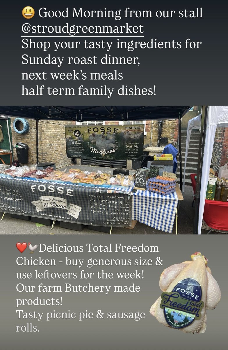 Hello at our Sunday Farmers Marketstalls! Stock up on ingredients for fab Autumn flavours, nourishment and nutrition! ❤️🐓
Sunday roast &amp; half term treats!
Spookily Good! <a href="/allypallyfm/">Alexandra Palace FM</a> @stroudgreenmarket <a href="/Londonfarmers/">LondonFarmersMarkets</a> Queens Park, High St Ken, Blackheath 
fossemeadows.com