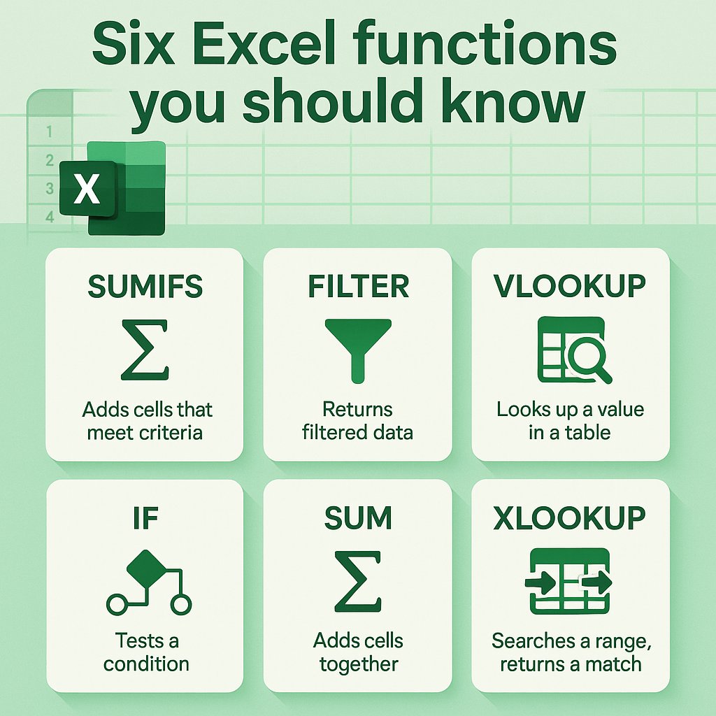 exceltips99's tweet image. Six Excel functions you should know.
1. SUMIFS
2. FILTER
3. VLOOKUP
4. IF
5. SUM
6. XLOOKUP