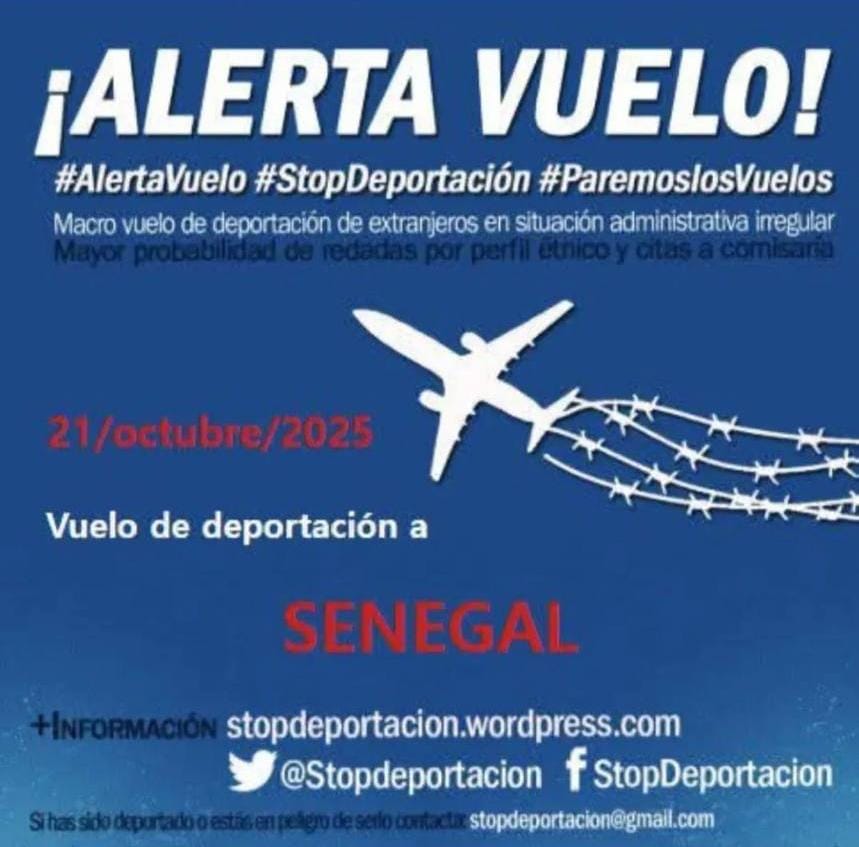 RegularizacionY's tweet photo. 🚨 ALERTA Martes 21-octubre-2025
Macrovuelo de  deportación de extranjeros en situación administrativa irregular con destino a #Senegal
Atentas a redadas por perfil étnico y citas trampa en comisaría 72 horas previas.
Si has sido detenida o deportada👇🏾 stopdeportaciones@gmail.com https://t.co/nycPowX74U
