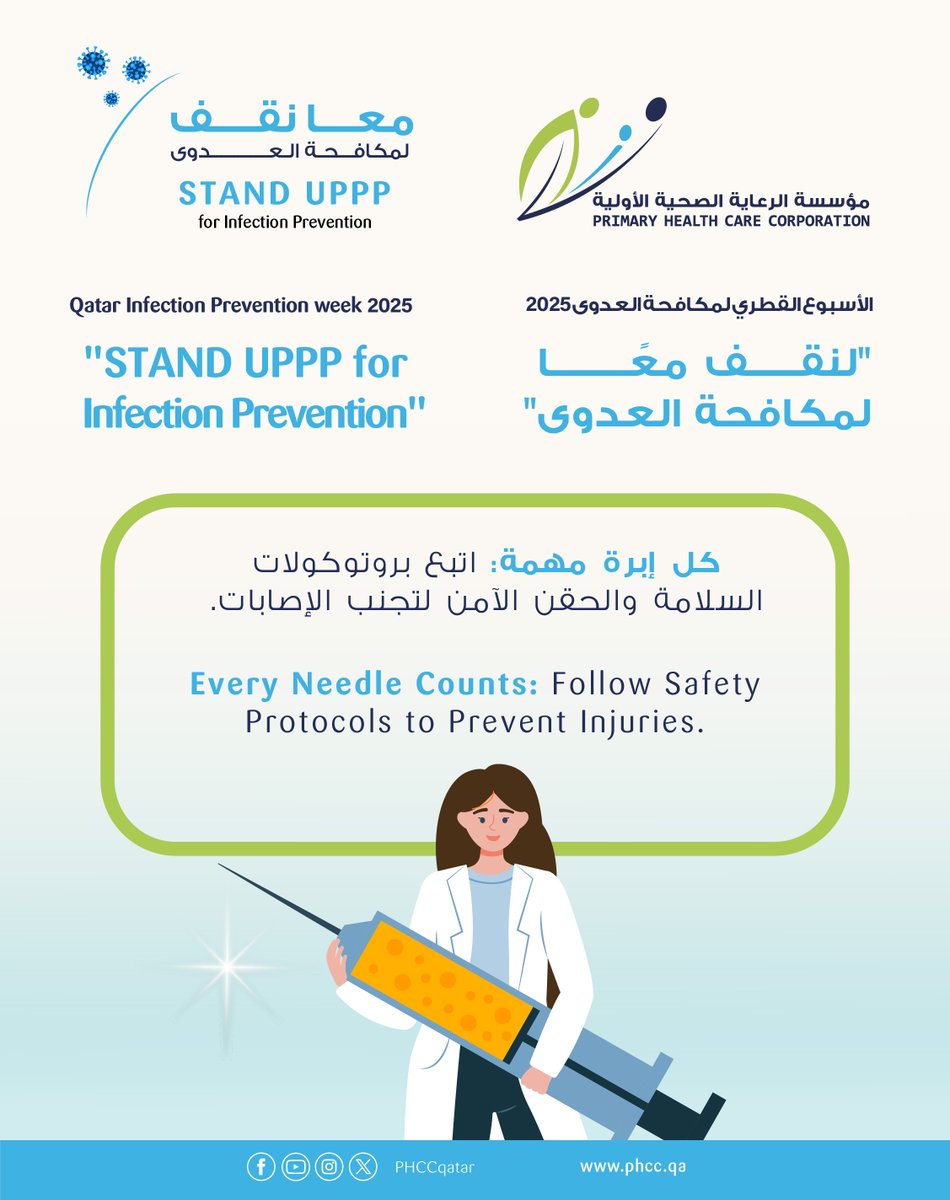 PHCCqatar's tweet image. انضم الينا في مؤسسة الرعاية الصحية الأولية لنحتفل بأسبوع مكافحة العدوى
Join us in PHCC to celebrate the infection prevention week 2025.

#IIPW2025
#InfectionPrevention
#APIC