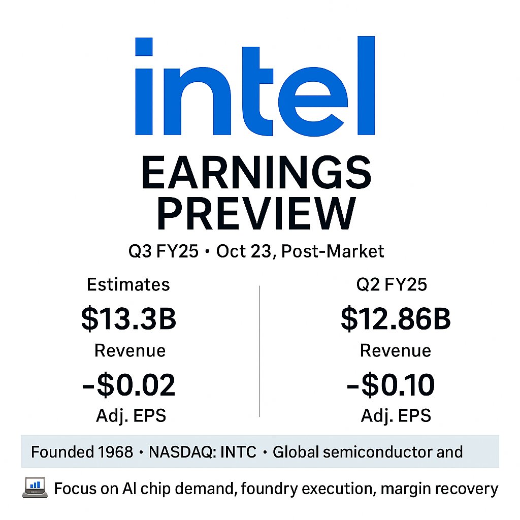 Intel Corporation Earnings Preview – $INTC Earnings due Oct 23, Post-Market  ▫️Est. Revenue: $13.3B vs. $12.86B (Q2 FY25) ▫️Est. Adj. EPS: -$0.02 vs.  -$0.10 (Q2 FY25) ▫️Client Computing: Focus on AI PC