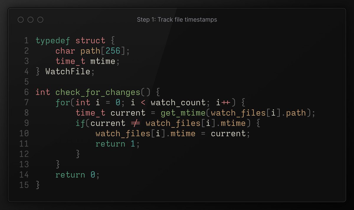 _trish_xD's tweet image. Built a nodemon-style auto-rebuild system in C!