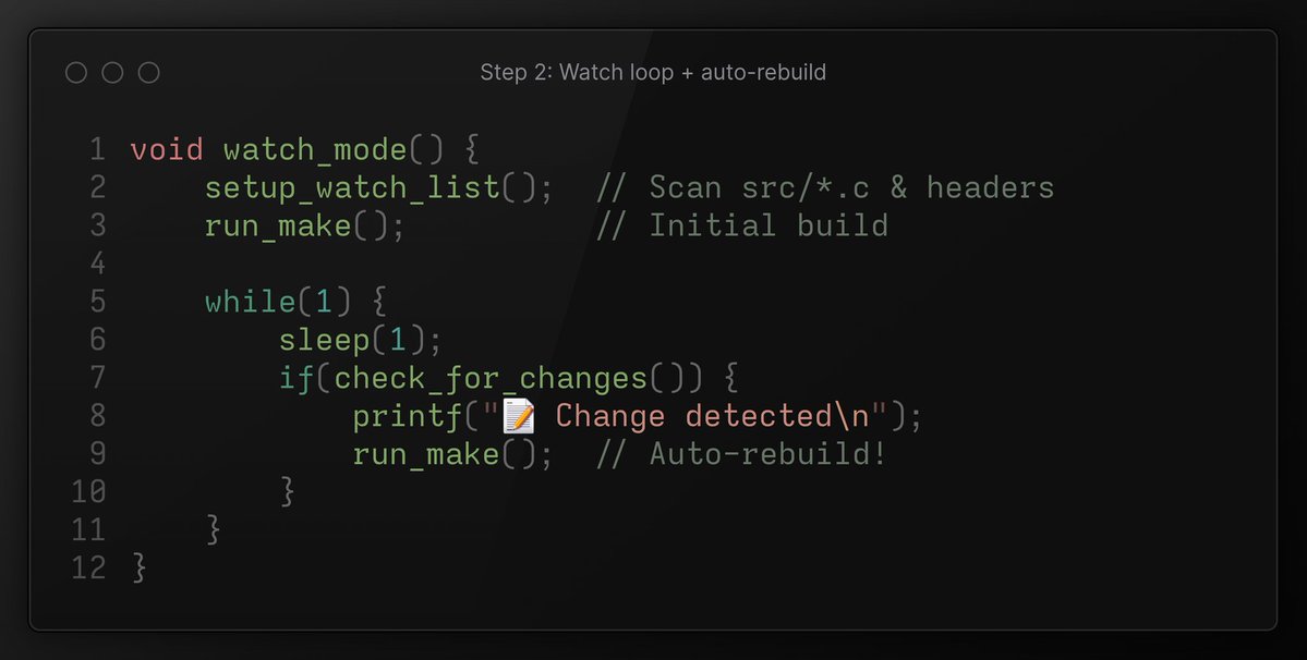 _trish_xD's tweet image. Built a nodemon-style auto-rebuild system in C!