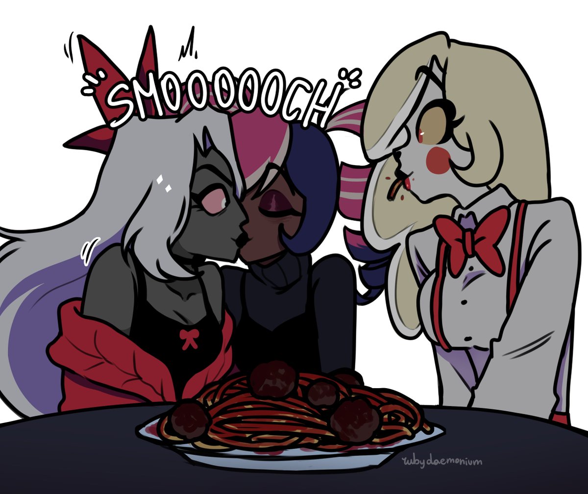 rubydaemonium's tweet image. They are having a nice lunch, i think. 
#Chaggette #hazbinhotel #crackship