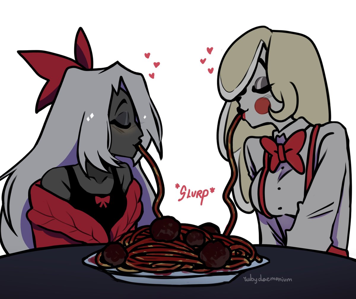 rubydaemonium's tweet image. They are having a nice lunch, i think. 
#Chaggette #hazbinhotel #crackship