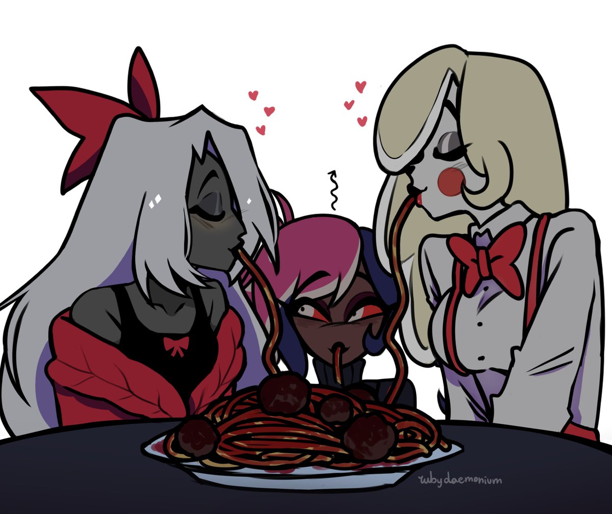 rubydaemonium's tweet image. They are having a nice lunch, i think. 
#Chaggette #hazbinhotel #crackship