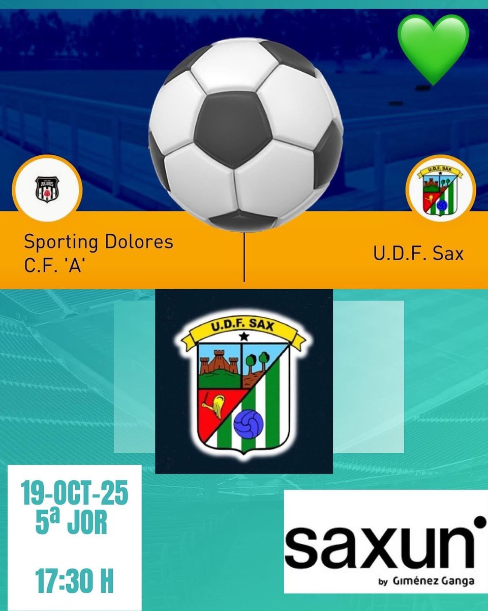 Día de partido 🚨🚨🚨🚨🚨⚽️

@SportingDoloresCF - <a href="/UDFutbolSax/">U.D.F. SAX</a> 

#5ªJornada #SegonaFFCVgrupo8º

<a href="/Saxun_Solar/">Saxun</a> 
<a href="/FFCV_info/">FFCV</a>