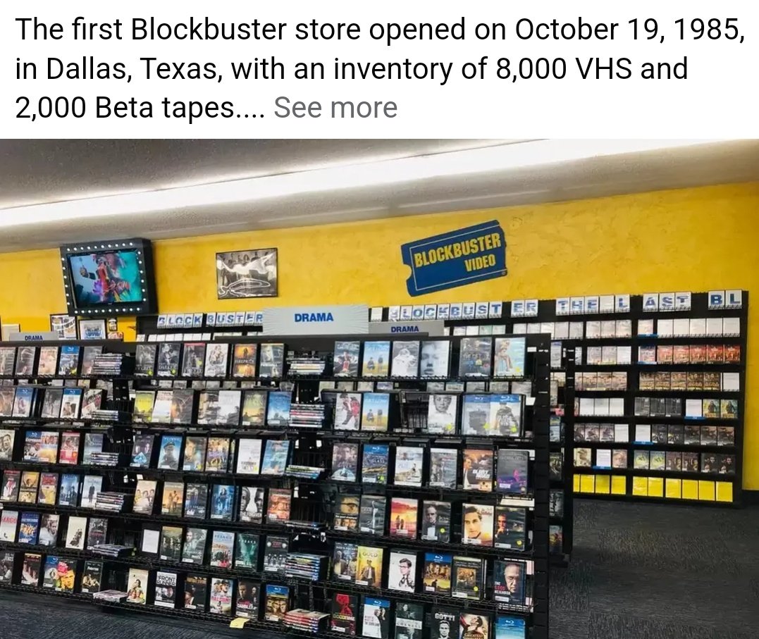 Jere_Memez's tweet image. October 19, 1985....
The first Blockbuster rental store opened in Dallas, Texas. Before "Netflix & Chill", Friday nights were spent browsing shelves of VHS tapes and socializing at Blockbuster Video.