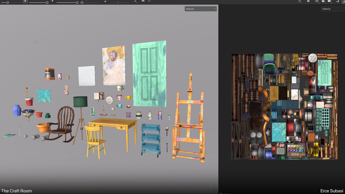 erce_subasi's tweet photo. I think this is not "good topology" per se, but last year I was bored and wondered what would happen if I just used a single uv map for all of the props you see here...

Well it kinda worked? https://t.co/A9sDQmFNuB