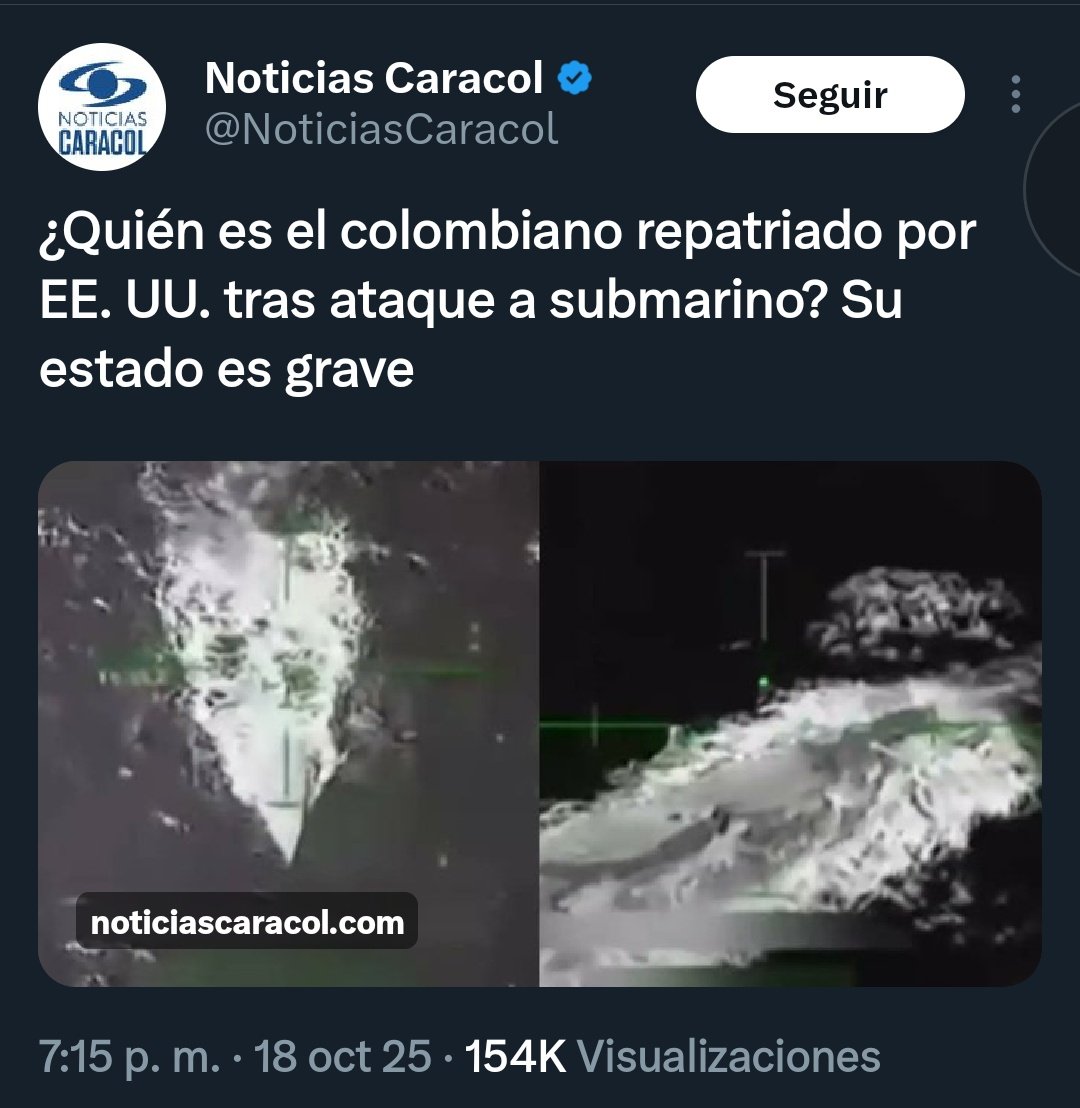 🇨🇴⚠️ Lo ocurrido en Santa Marta es una violación gravísima a la soberanía nacional.
Estados Unidos lanzó un misil en territorio colombiano y asesinó a un pescador humilde sin una sola prueba de que fuera narcotraficante.

Y mientras tanto, <a href="/NoticiasCaracol/">Noticias Caracol</a> lo presenta como si