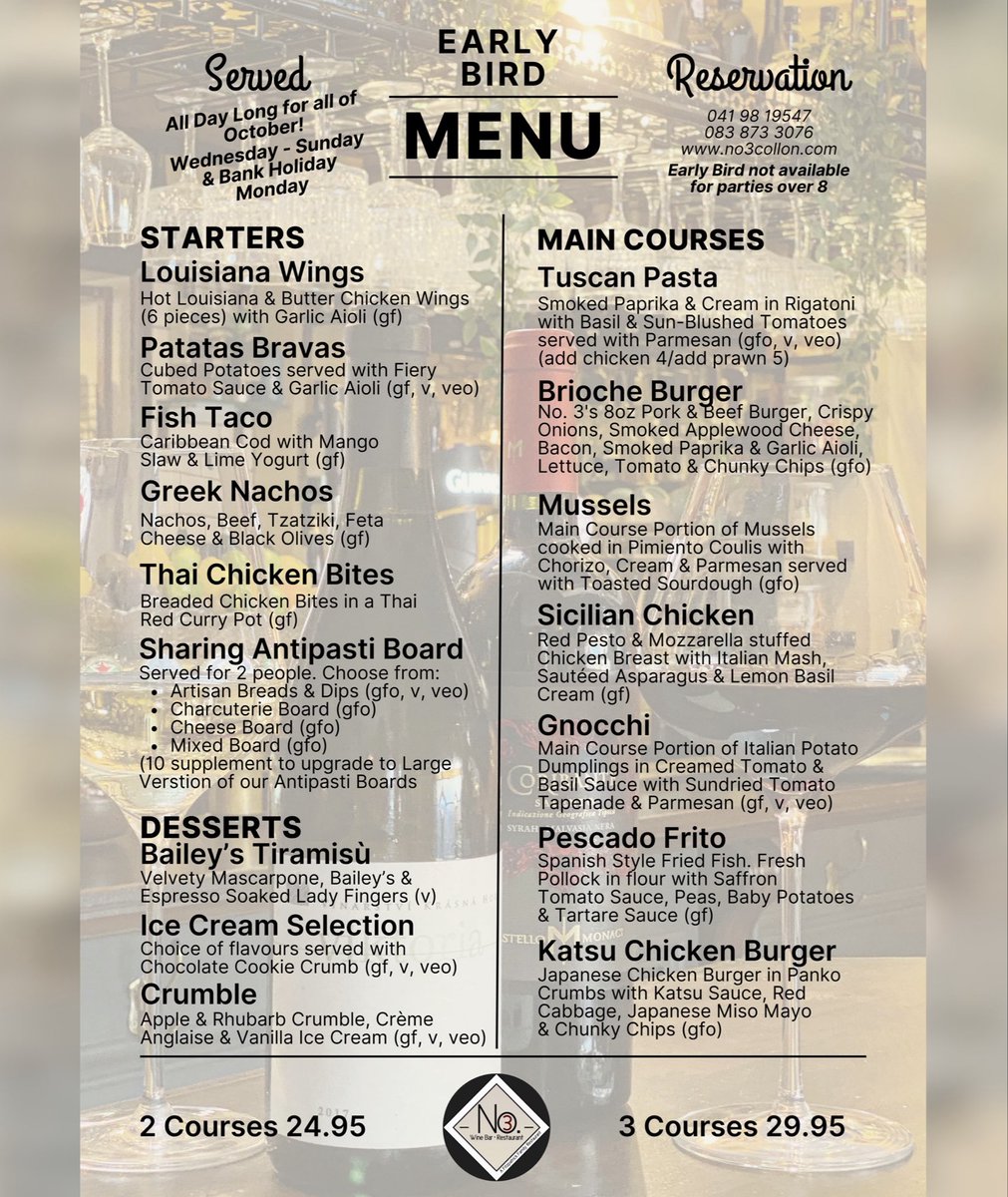 Don’t forget our Early Bird is served all day long today as well as our regular menus. Open from 1pm 🍽️ #LouthChat #No3Collon