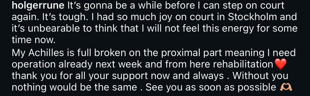 josemorgado's tweet photo. Holger Rune confirms the worst news possible. 

It’s unlikely we will see him on court before the US Open and that’s if all goes perfect with his rehab. 

So sad. https://t.co/4gTG1JU7Xp